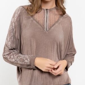 POL Brown Lace Long Sleeve Blouse, Size Small